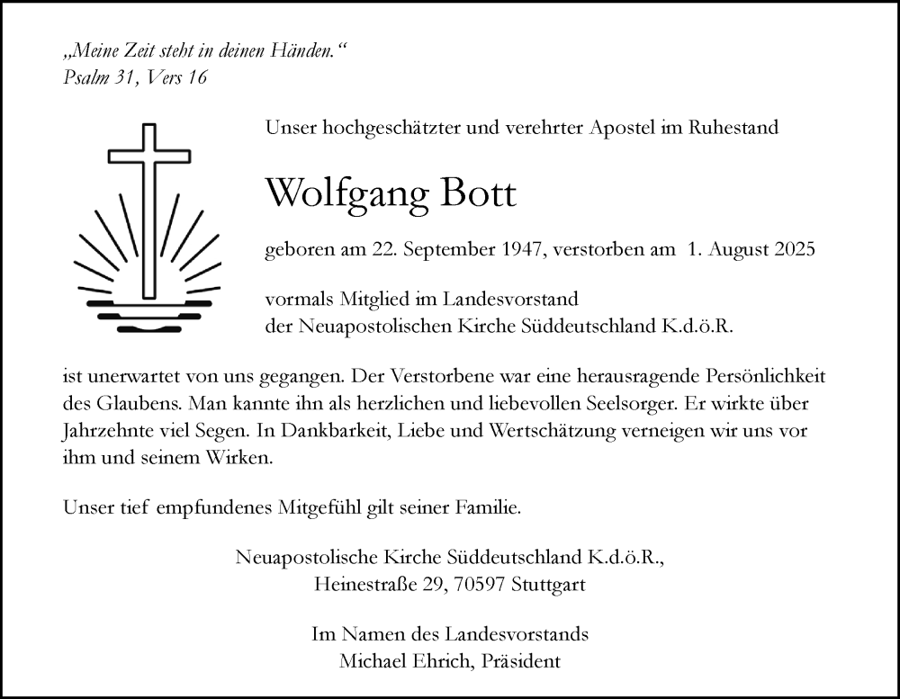  Traueranzeige für Wolfgang Bott vom 16.08.2025 aus Schwäbische Tagblatt