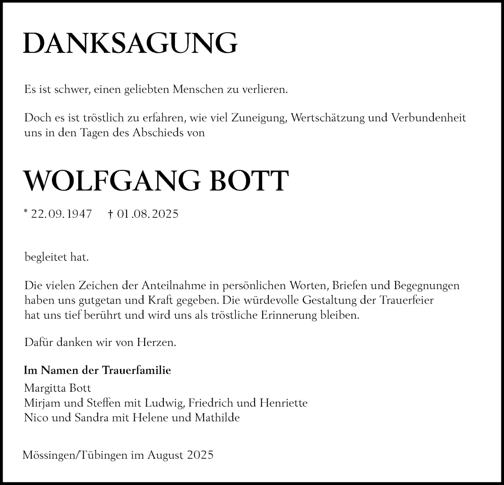  Traueranzeige für Wolfgang Bott vom 30.08.2025 aus Schwäbische Tagblatt