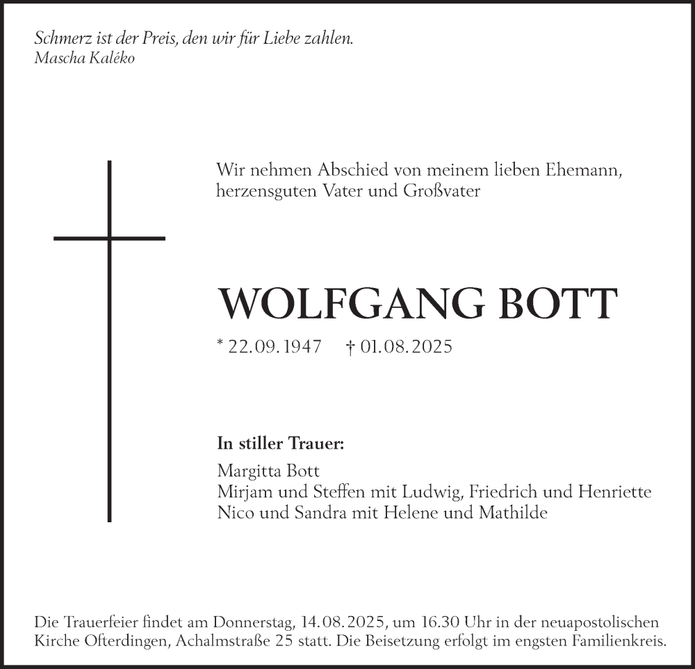  Traueranzeige für Wolfgang Bott vom 09.08.2025 aus Schwäbische Tagblatt