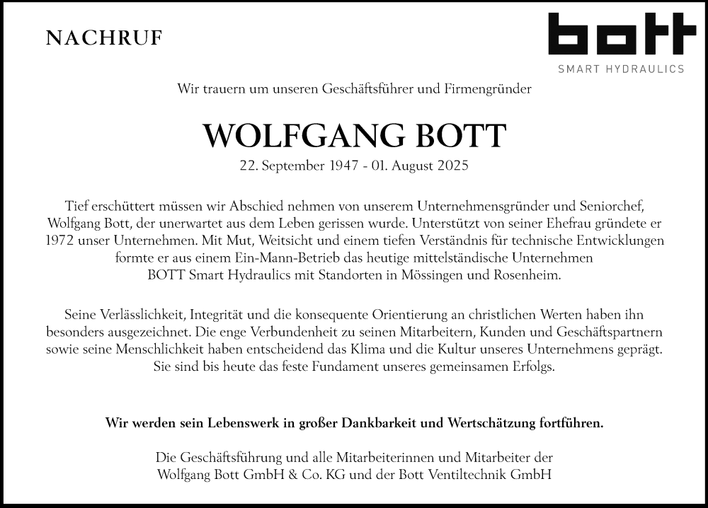  Traueranzeige für Wolfgang Bott vom 09.08.2025 aus Schwäbische Tagblatt