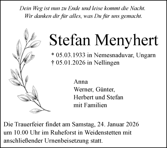 Traueranzeige von Stefan Menyhert von SÜDWEST PRESSE Ausgabe Ulm/Neu-Ulm/Ehingen