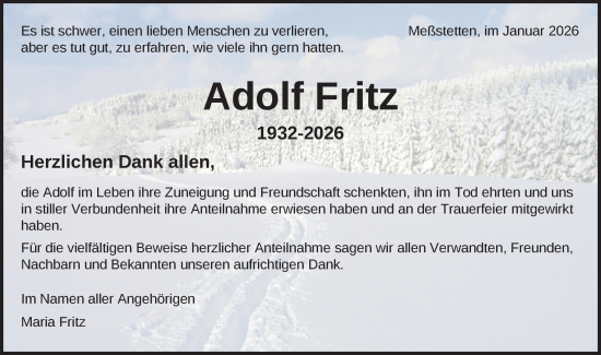 Traueranzeige von Adolf Fritz von SÜDWEST PRESSE Zollernalbkreis
