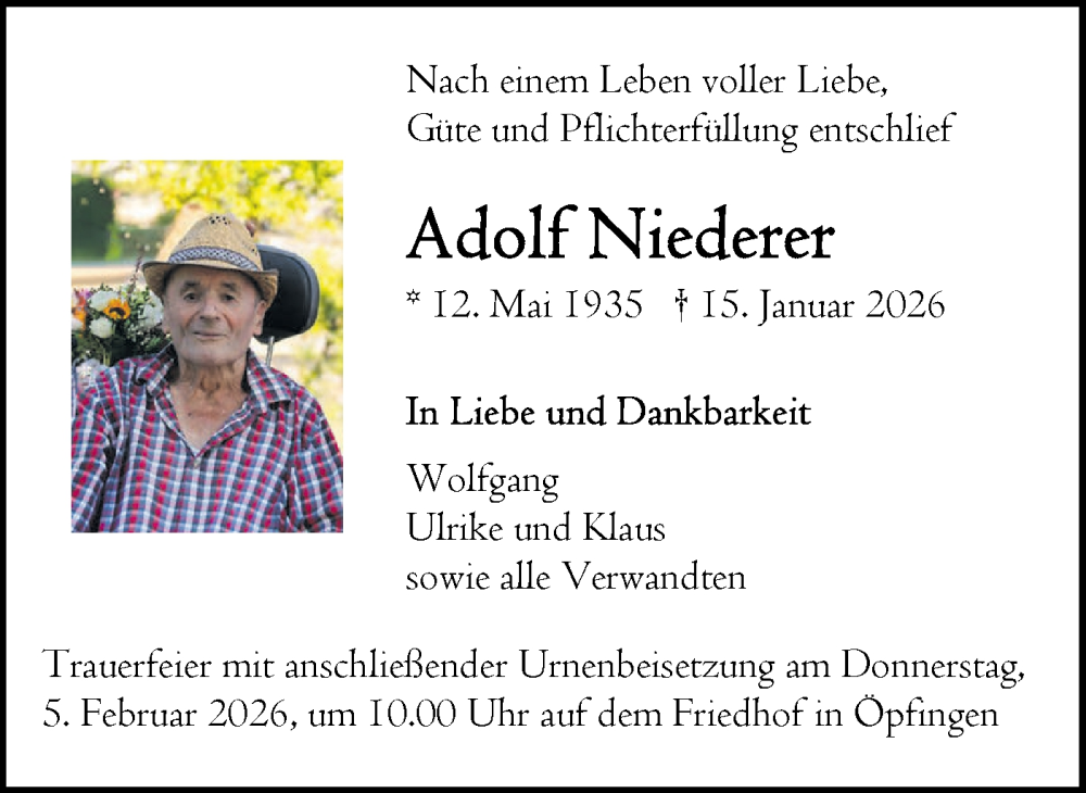  Traueranzeige für Adolf Niederer vom 30.01.2026 aus Ehinger Tagblatt