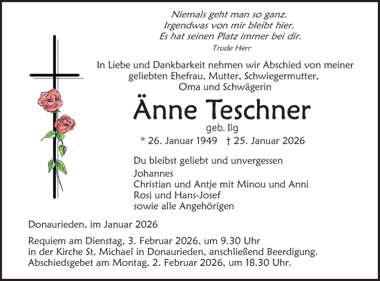 Traueranzeige von Änne Teschner von SÜDWEST PRESSE Ausgabe Ulm/Neu-Ulm/Ehingen