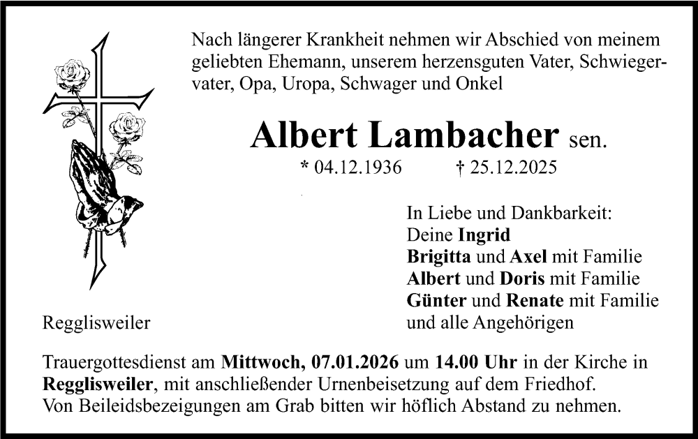  Traueranzeige für Albert Lambacher vom 05.01.2026 aus SÜDWEST PRESSE Ausgabe Ulm/Neu-Ulm