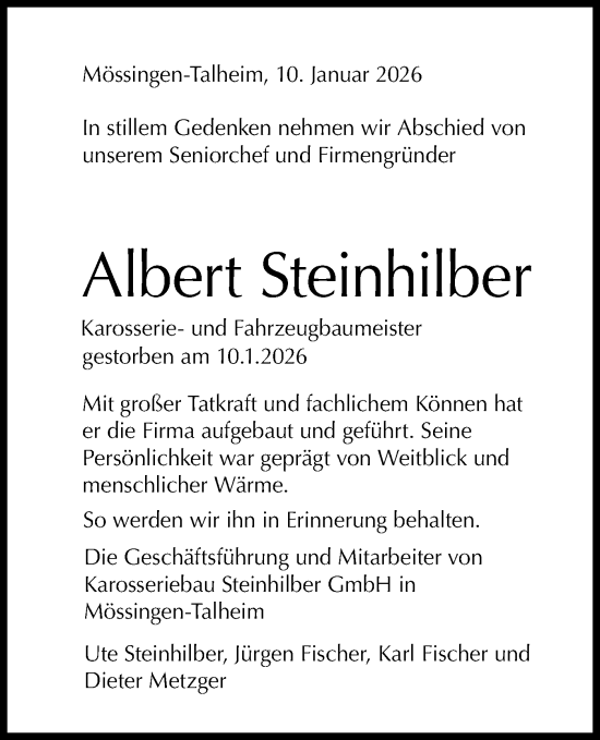 Traueranzeige von Albert Steinhilber von SÜDWEST PRESSE Zollernalbkreis/Hohenzollerische Zeitung/Schwäbische Tagblatt