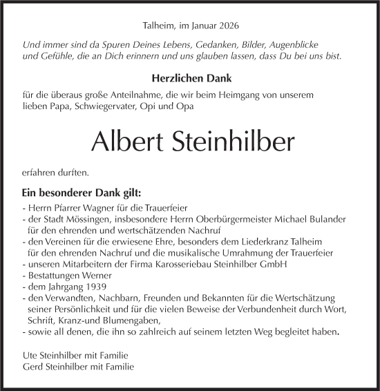 Traueranzeige von Albert Steinhilber von SÜDWEST PRESSE Zollernalbkreis/Schwäbische Tagblatt