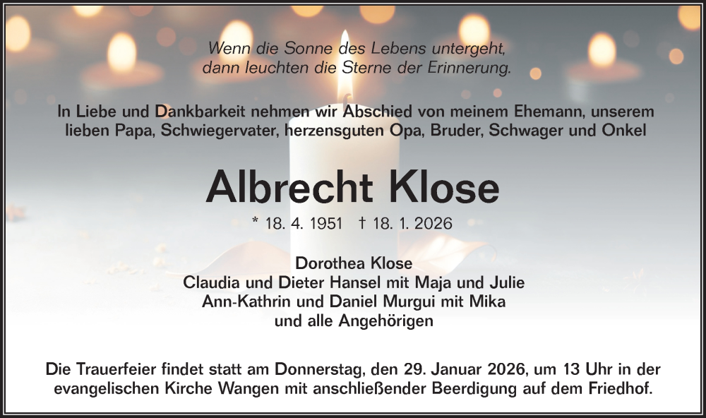  Traueranzeige für Albrecht Klose vom 24.01.2026 aus NWZ Neue Württembergische Zeitung