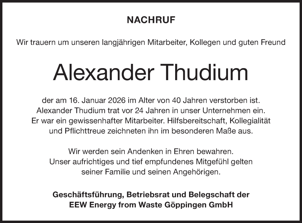  Traueranzeige für Alexander Thudium vom 24.01.2026 aus NWZ Neue Württembergische Zeitung