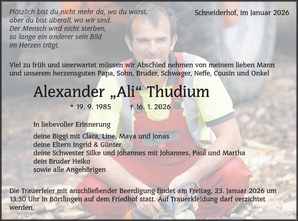  Traueranzeige für Alexander Thudium vom 21.01.2026 aus NWZ Neue Württembergische Zeitung