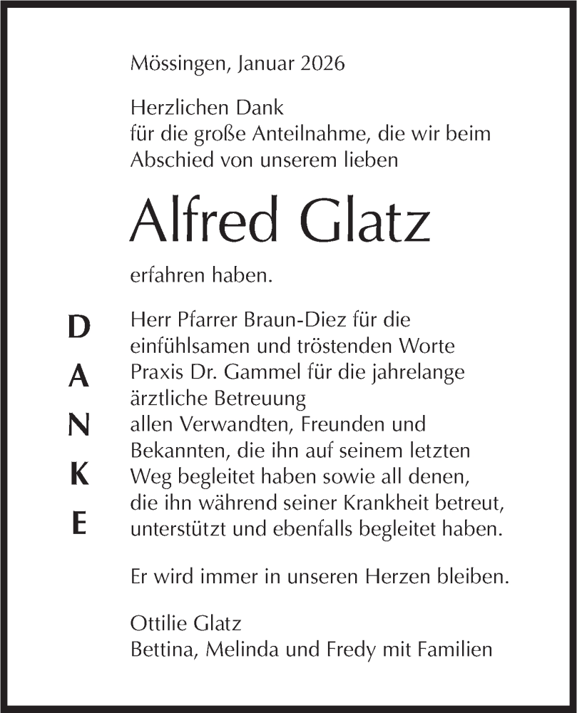  Traueranzeige für Alfred Glatz vom 30.01.2026 aus Schwäbische Tagblatt