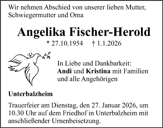 Traueranzeige von Angelika Fischer-Herold von SÜDWEST PRESSE Ausgabe Ulm/Neu-Ulm