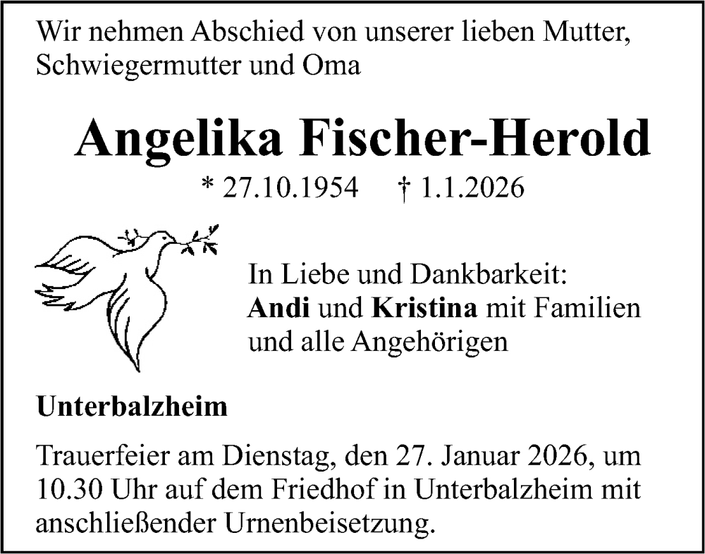  Traueranzeige für Angelika Fischer-Herold vom 23.01.2026 aus SÜDWEST PRESSE Ausgabe Ulm/Neu-Ulm