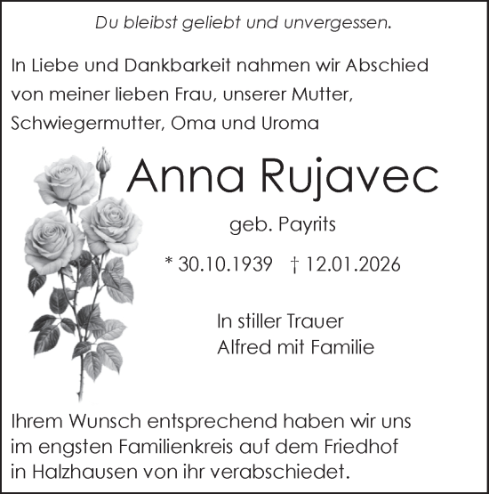 Traueranzeige von Anna Rujavec von SÜDWEST PRESSE Ausgabe Ulm/Neu-Ulm/Ehingen