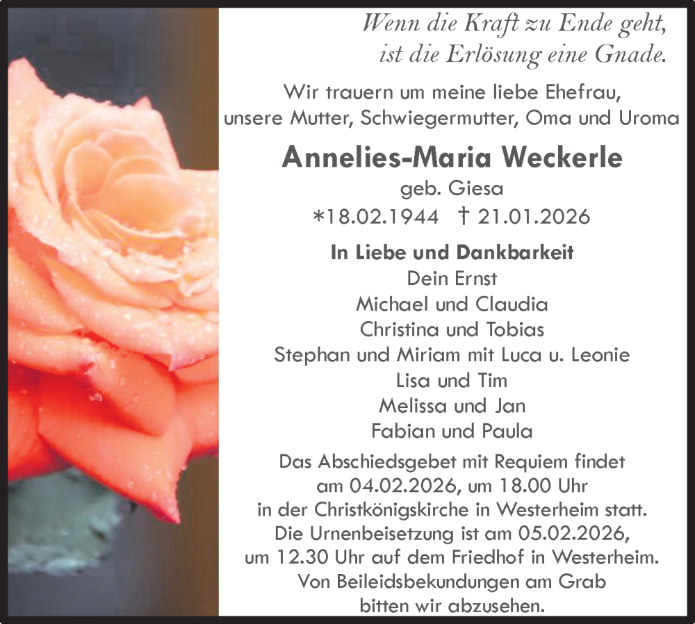  Traueranzeige für Annelies-Maria Weckerle vom 31.01.2026 aus SÜDWEST PRESSE Ausgabe Ulm/Neu-Ulm/Ehingen