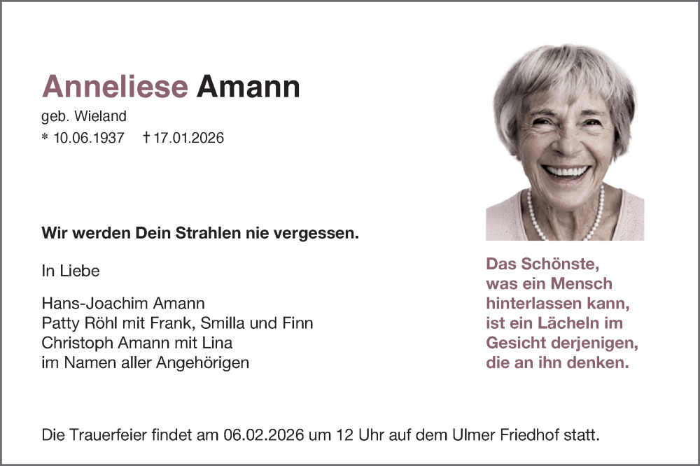  Traueranzeige für Anneliese Amann vom 24.01.2026 aus SÜDWEST PRESSE Ausgabe Ulm/Neu-Ulm