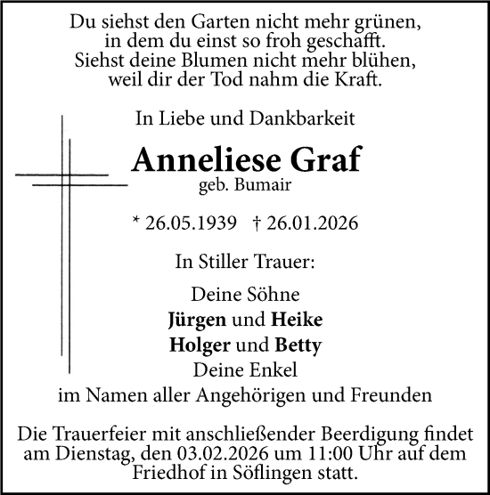 Traueranzeige von Anneliese Graf von SÜDWEST PRESSE Ausgabe Ulm/Neu-Ulm/Ehingen