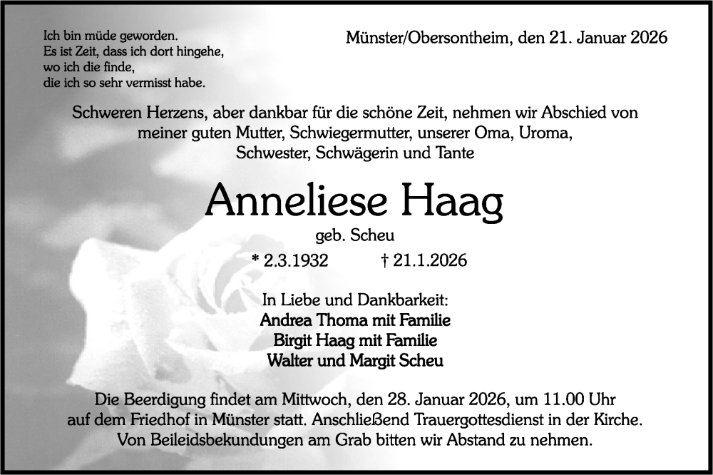  Traueranzeige für Anneliese Haag vom 24.01.2026 aus Haller Tagblatt/Rundschau Gaildorf