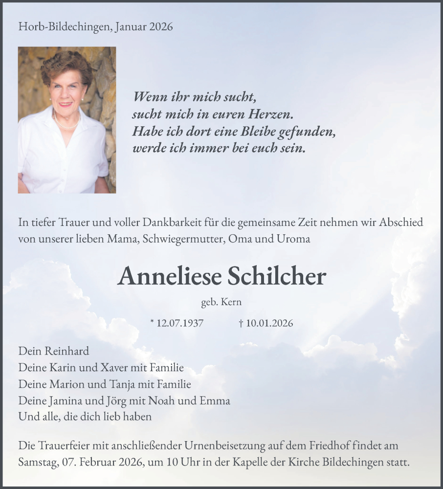  Traueranzeige für Anneliese Schilcher vom 31.01.2026 aus Neckar-Chronik