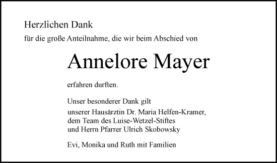 Traueranzeige von Annelore Mayer von Schwäbische Tagblatt