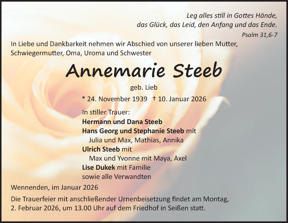  Traueranzeige für Annemarie Steeb vom 28.01.2026 aus SÜDWEST PRESSE Ausgabe Ulm/Neu-Ulm/Ehingen