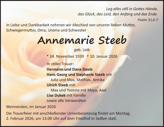 Traueranzeige von Annemarie Steeb von SÜDWEST PRESSE Ausgabe Ulm/Neu-Ulm/Ehingen