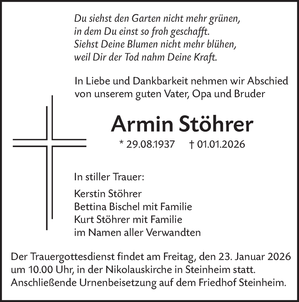 Traueranzeige für Armin Stöhrer vom 17.01.2026 aus SÜDWEST PRESSE Ausgabe Ulm/Neu-Ulm/Neu-Ulmer Zeitung