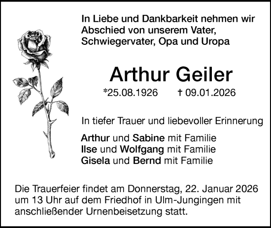 Traueranzeige von Arthur Geiler von SÜDWEST PRESSE Ausgabe Ulm/Neu-Ulm