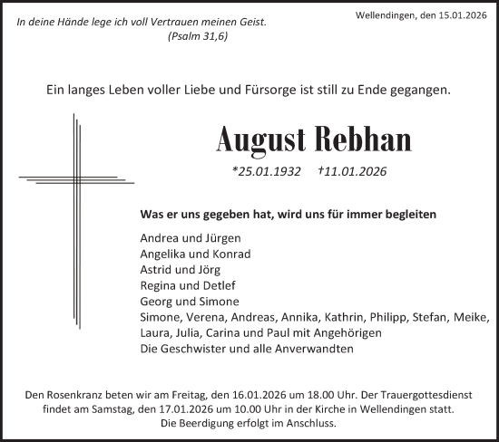 Traueranzeige von August Rebhan von SÜDWEST PRESSE Zollernalbkreis/Hohenzollerische Zeitung
