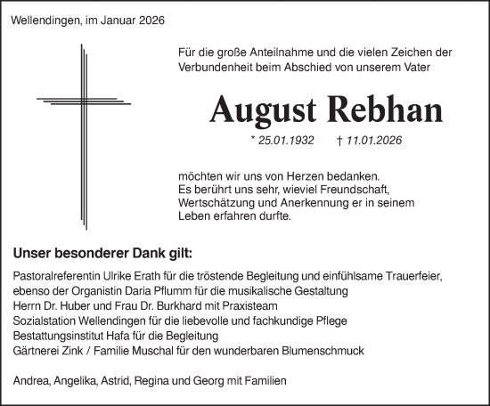 Traueranzeige von August Rebhan von SÜDWEST PRESSE Zollernalbkreis