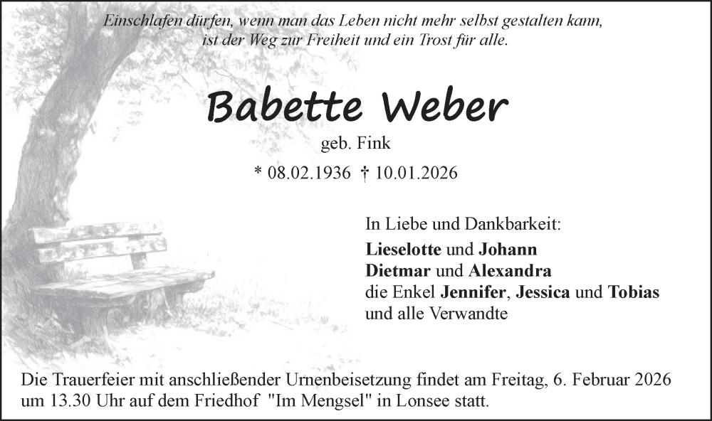  Traueranzeige für Babette Weber vom 29.01.2026 aus SÜDWEST PRESSE Ausgabe Ulm/Neu-Ulm/Ehingen