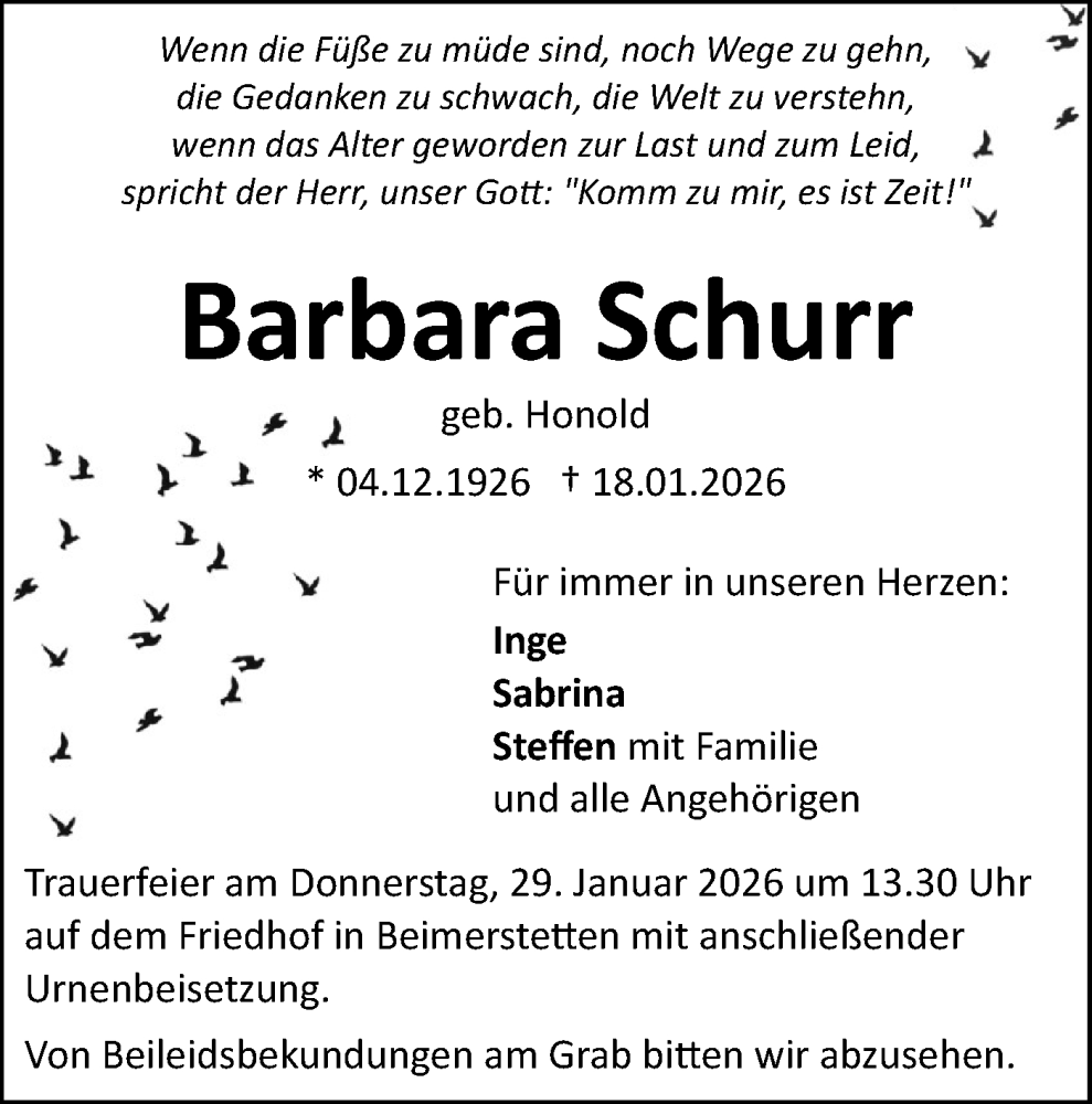  Traueranzeige für Barbara Schurr vom 24.01.2026 aus SÜDWEST PRESSE Ausgabe Ulm/Neu-Ulm