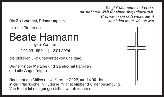 Traueranzeige von Beate Hamann von SÜDWEST PRESSE Ausgabe Ulm/Neu-Ulm/Ehingen