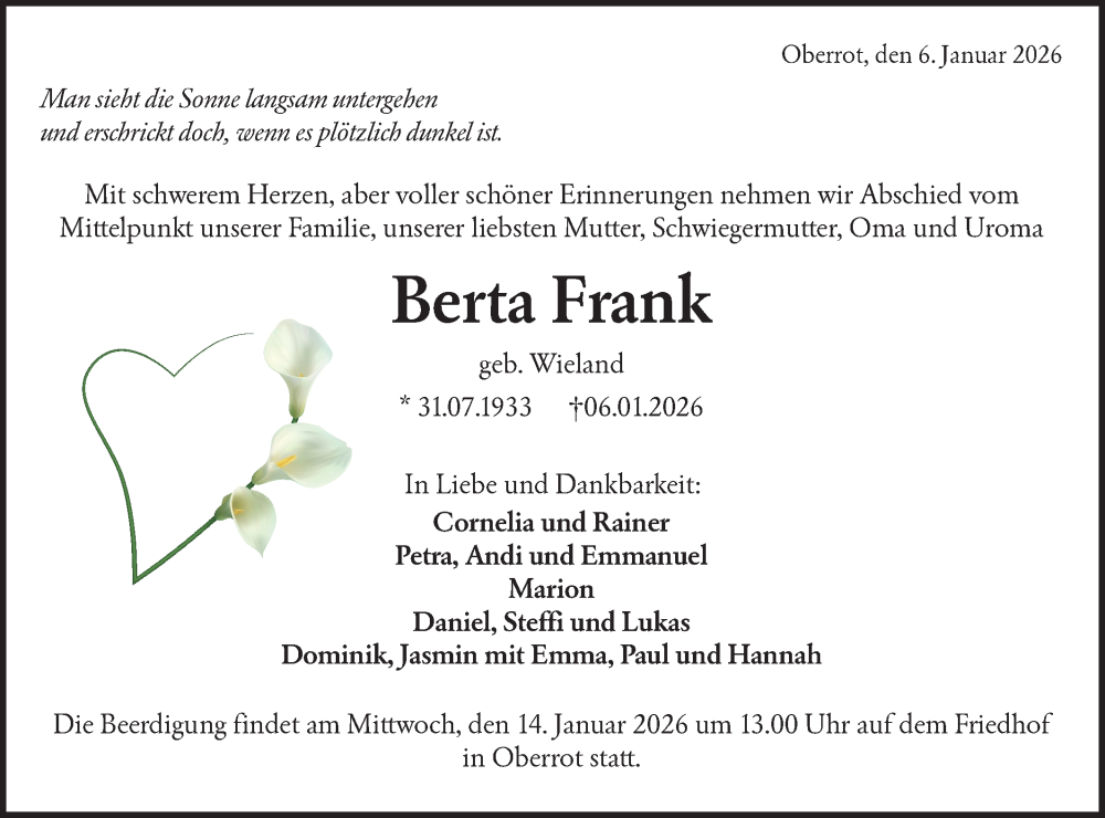  Traueranzeige für Berta Frank vom 12.01.2026 aus Rundschau Gaildorf
