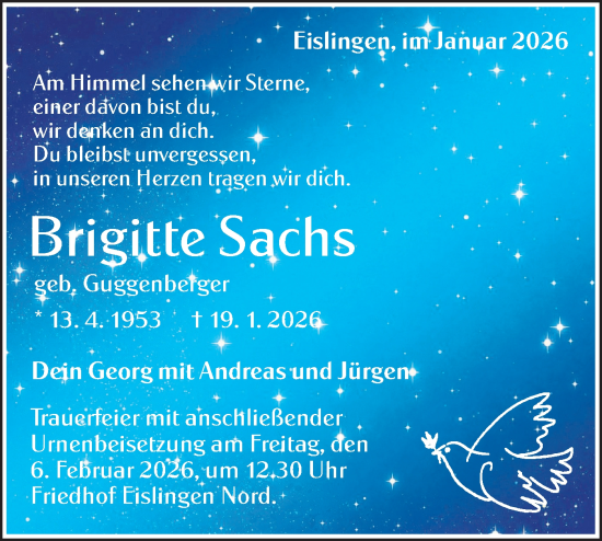 Traueranzeige von Brigitte Sachs von NWZ Neue Württembergische Zeitung/Geislinger Zeitung