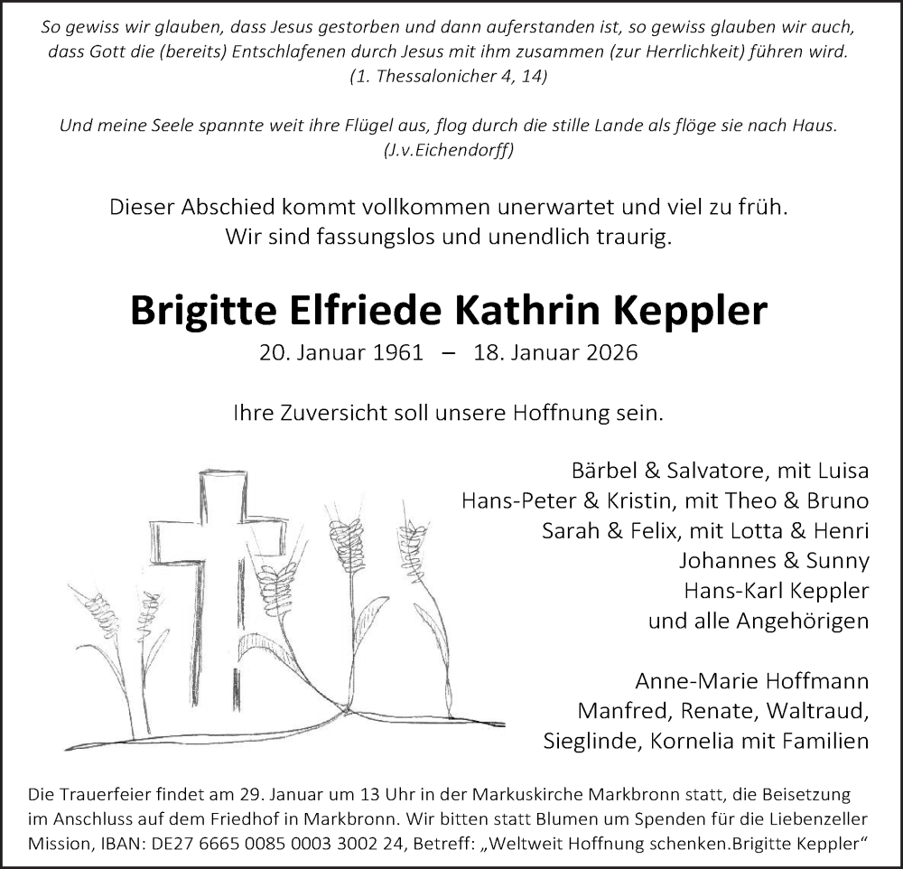  Traueranzeige für Brigitte Elfriede Kathrin Keppler vom 24.01.2026 aus SÜDWEST PRESSE Ausgabe Ulm/Neu-Ulm