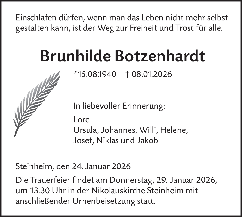  Traueranzeige für Brunhilde Botzenhardt vom 24.01.2026 aus SÜDWEST PRESSE Ausgabe Ulm/Neu-Ulm