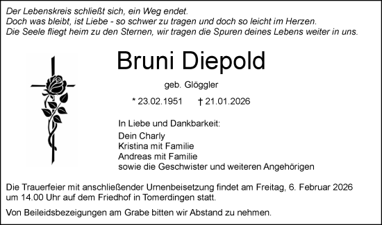 Traueranzeige von Bruni Diepold von SÜDWEST PRESSE Ausgabe Ulm/Neu-Ulm/Ehingen