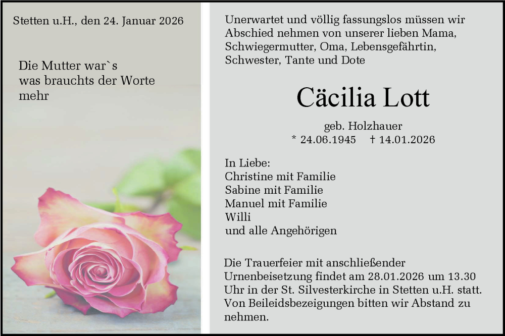  Traueranzeige für Cäcilia Lott vom 24.01.2026 aus SÜDWEST PRESSE Zollernalbkreis/Hohenzollerische Zeitung