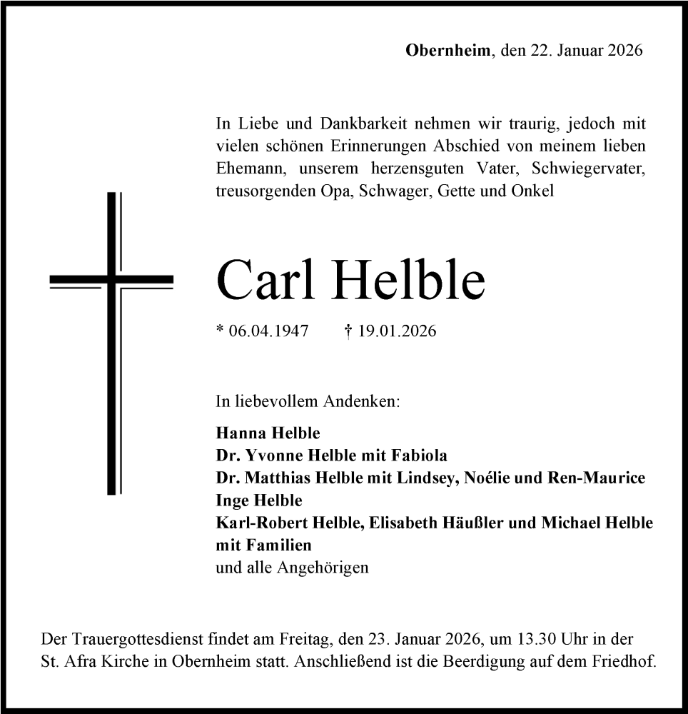  Traueranzeige für Carl Helble vom 22.01.2026 aus SÜDWEST PRESSE Zollernalbkreis/Hohenzollerische Zeitung