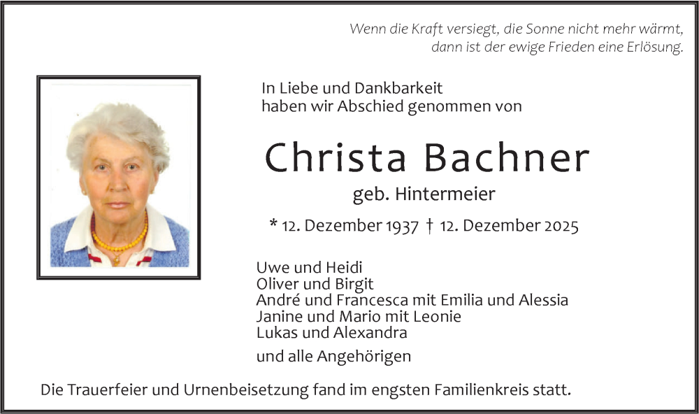  Traueranzeige für Christa Bachner vom 17.01.2026 aus SÜDWEST PRESSE Ausgabe Ulm/Neu-Ulm