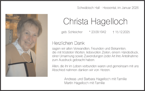 Traueranzeige von Christa Hagelloch von Haller Tagblatt