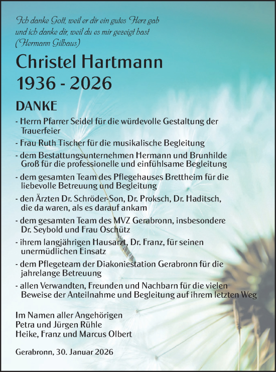 Traueranzeige von Christel Hartmann von Hohenloher Tagblatt
