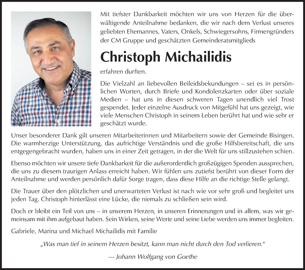  Traueranzeige für Christoph Michailidis vom 30.01.2026 aus SÜDWEST PRESSE Zollernalbkreis