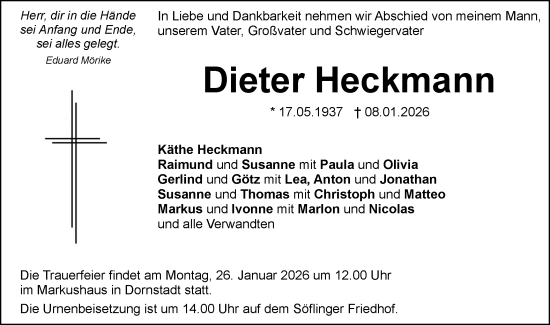 Traueranzeige von Dieter Heckmann von SÜDWEST PRESSE Ausgabe Ulm/Neu-Ulm