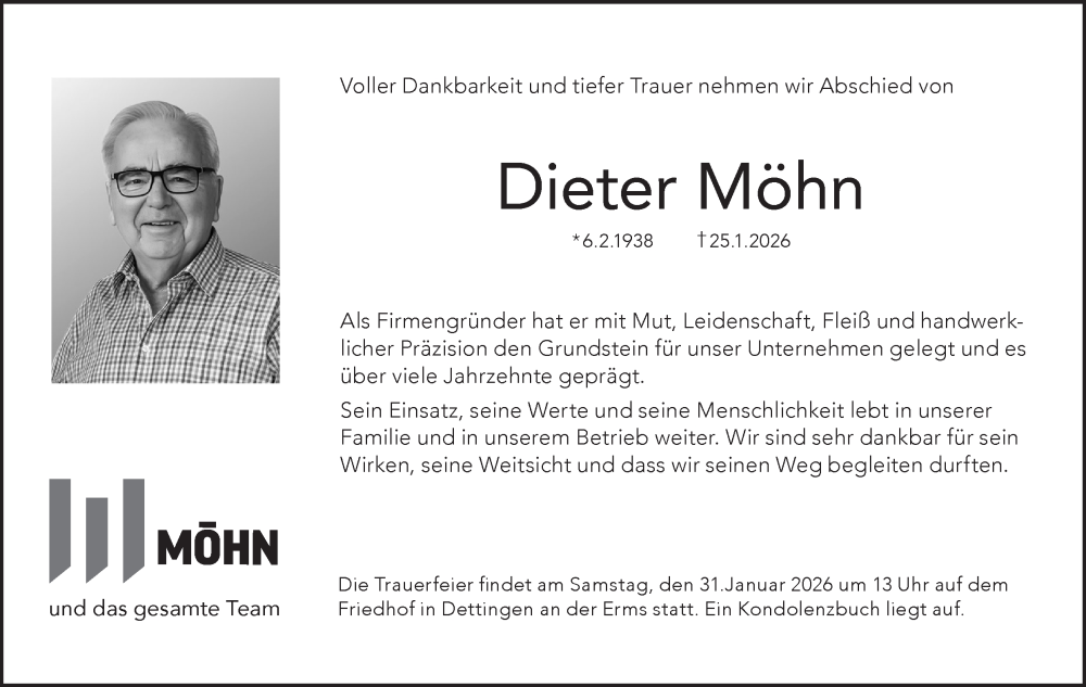  Traueranzeige für Dieter Möhn vom 28.01.2026 aus Alb-Bote/Metzinger-Uracher Volksblatt