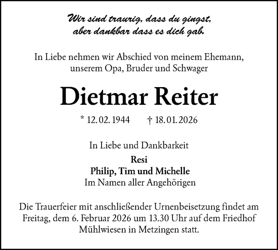 Traueranzeige von Dietmar Reiter von Alb-Bote/Metzinger-Uracher Volksblatt