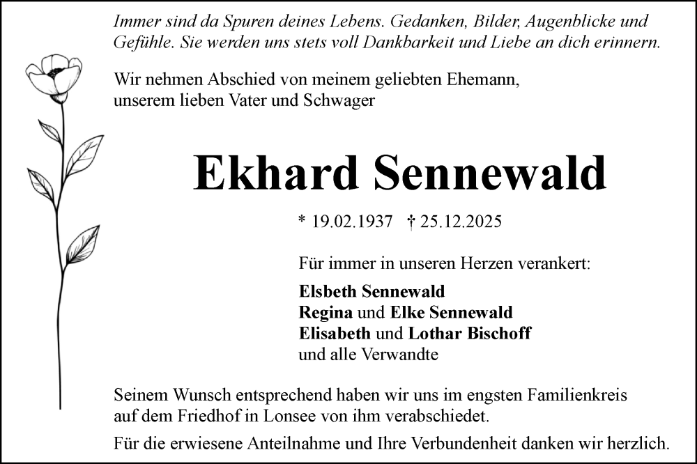  Traueranzeige für Ekhard Sennewald vom 24.01.2026 aus SÜDWEST PRESSE Ausgabe Ulm/Neu-Ulm