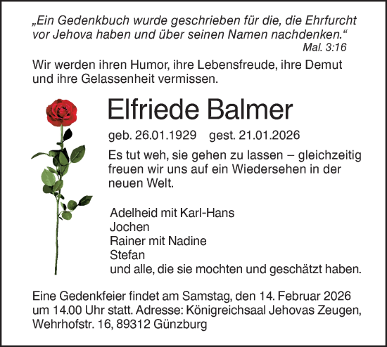 Traueranzeige von Elfriede Balmer von SÜDWEST PRESSE Ausgabe Ulm/Neu-Ulm/Ehingen