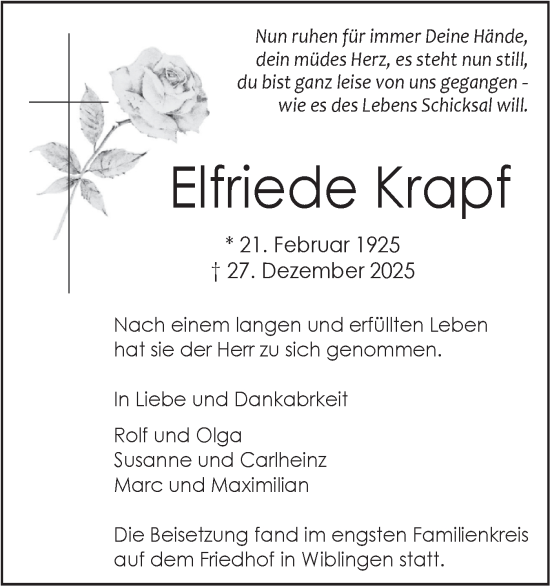 Traueranzeige von Elfriede Krapf von SÜDWEST PRESSE Ausgabe Ulm/Neu-Ulm/Ehingen